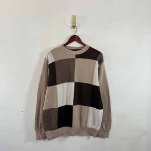 Dockers Patchwork Knit Crewneck Sweater Brown Neutral Mens Large Cotton Retro